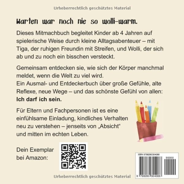 Rückseite des ersten Tiga-&-Wolli-Buchs mit der Buchbeschreibung.