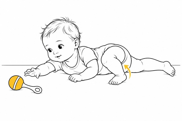 Baby in Bauchlage mit einem angewinkelten Bein; Pfeile markieren Bein und Becken.