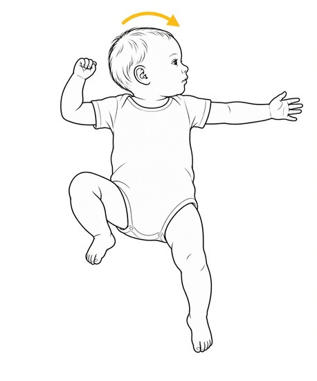 Baby dreht den Kopf zur Seite; der Arm der Gesichtsseite ist gestreckt.