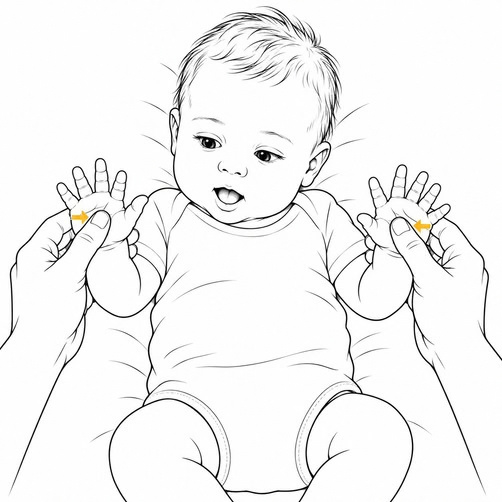 Baby öffnet den Mund bei Kontakt an den Handflächen.