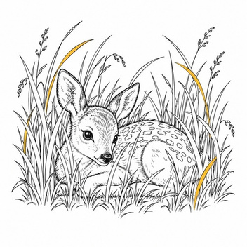 Illustration eines ruhig im Gras liegenden Rehkitzes als Symbol für Erstarren und Rückzug.