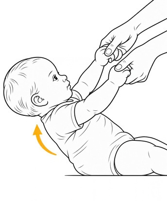 Baby reagiert auf Zug an den Händen mit Beugung und Aktivierung des Oberkörpers.
