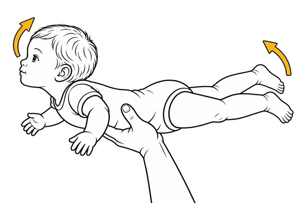In Bauchlage gehaltenes Baby hebt Kopf und Beine.