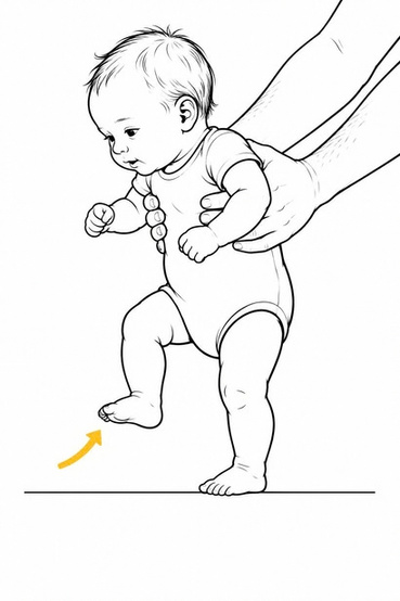 Aufrecht gehaltenes Baby zeigt Schrittbewegungen mit Bodenkontakt.