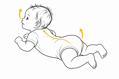 Baby in Bauchlage hebt Kopf und Becken; Pfeile zeigen die Streckreaktion.