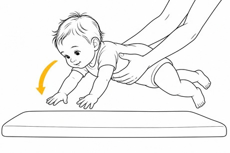 Nach vorn geneigtes Baby streckt die Hände zum Abstützen aus.